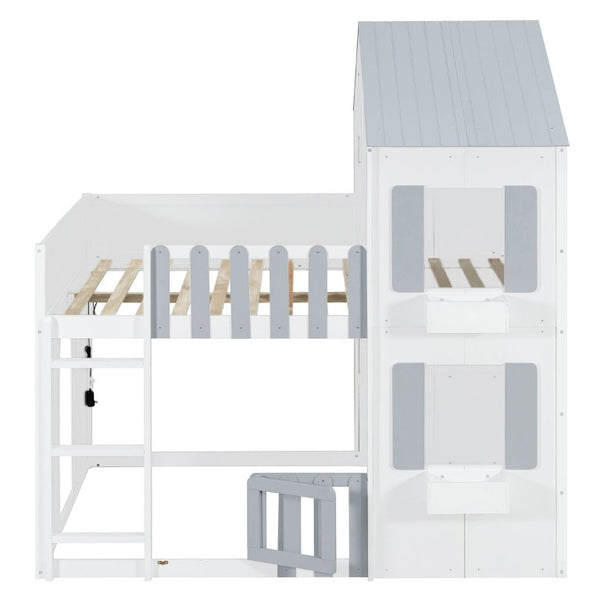 English Elm Full Over House Bunk Bed Pine Wood Frame with Shelf for Shared Kids Bedroom Gray Twin over Twin LT000929AAE