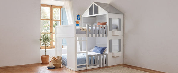 English Elm Full Over House Bunk Bed Pine Wood Frame with Shelf for Shared Kids Bedroom Gray Twin over Twin LT000929AAE