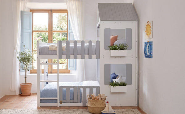 English Elm Full Over House Bunk Bed Pine Wood Frame with Shelf for Shared Kids Bedroom Gray Twin over Twin LT000929AAE