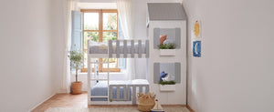 English Elm Full Over House Bunk Bed Pine Wood Frame with Shelf for Shared Kids Bedroom Gray Twin over Twin LT000929AAE