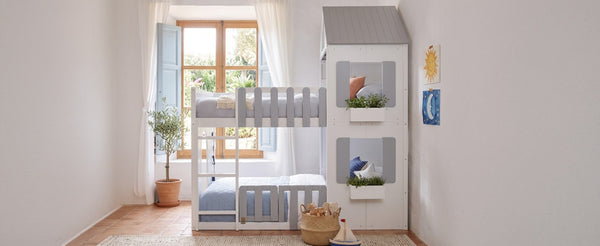 English Elm Full Over House Bunk Bed Pine Wood Frame with Shelf for Shared Kids Bedroom Gray Twin over Twin LT000929AAE