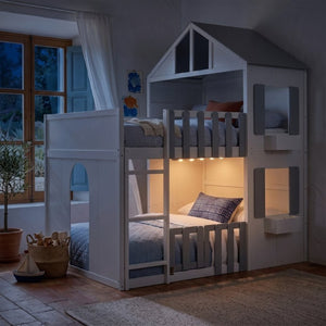 English Elm Full Over House Bunk Bed Pine Wood Frame with Shelf for Shared Kids Bedroom Gray Twin over Twin LT000929AAE