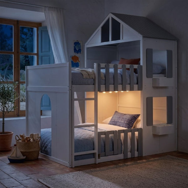 English Elm Full Over House Bunk Bed Pine Wood Frame with Shelf for Shared Kids Bedroom Gray Twin over Twin LT000929AAE