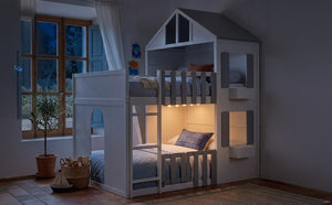 English Elm Full Over House Bunk Bed Pine Wood Frame with Shelf for Shared Kids Bedroom Gray Twin over Twin LT000929AAE
