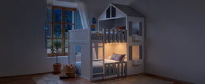 English Elm Full Over House Bunk Bed Pine Wood Frame with Shelf for Shared Kids Bedroom Gray Twin over Twin LT000929AAE