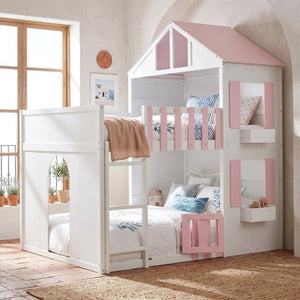 English Elm Full Over House Bunk Bed Pine Wood Frame with Shelf for Shared Kids Bedroom Pink Full over Full LT000929AAH