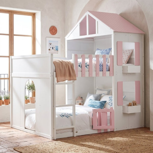 English Elm Full Over House Bunk Bed Pine Wood Frame with Shelf for Shared Kids Bedroom Pink Full over Full LT000929AAH
