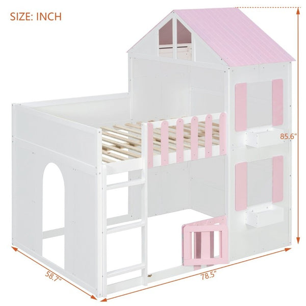 English Elm Full Over House Bunk Bed Pine Wood Frame with Shelf for Shared Kids Bedroom Pink Full over Full LT000929AAH