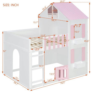 English Elm Full Over House Bunk Bed Pine Wood Frame with Shelf for Shared Kids Bedroom Pink Full over Full LT000929AAH