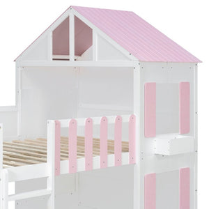 English Elm Full Over House Bunk Bed Pine Wood Frame with Shelf for Shared Kids Bedroom Pink Full over Full LT000929AAH