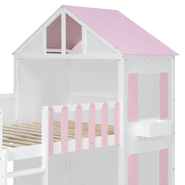 English Elm Full Over House Bunk Bed Pine Wood Frame with Shelf for Shared Kids Bedroom Pink Full over Full LT000929AAH