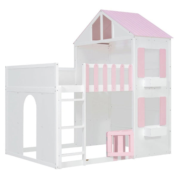 English Elm Full Over House Bunk Bed Pine Wood Frame with Shelf for Shared Kids Bedroom Pink Full over Full LT000929AAH
