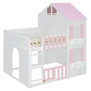 English Elm Full Over House Bunk Bed Pine Wood Frame with Shelf for Shared Kids Bedroom Pink Full over Full LT000929AAH
