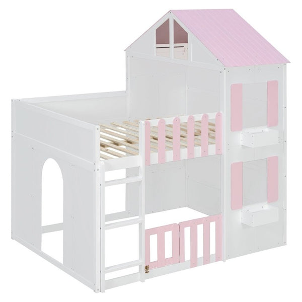 English Elm Full Over House Bunk Bed Pine Wood Frame with Shelf for Shared Kids Bedroom Pink Full over Full LT000929AAH
