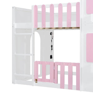 English Elm Full Over House Bunk Bed Pine Wood Frame with Shelf for Shared Kids Bedroom Pink Full over Full LT000929AAH