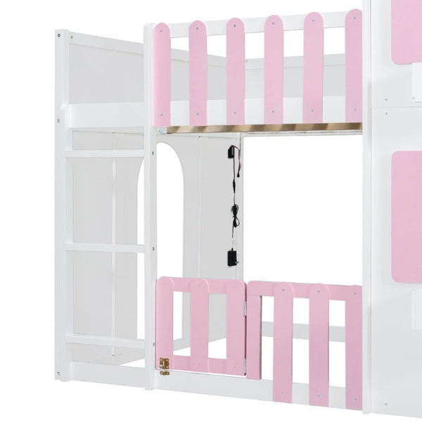English Elm Full Over House Bunk Bed Pine Wood Frame with Shelf for Shared Kids Bedroom Pink Full over Full LT000929AAH
