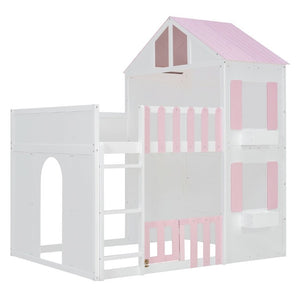 English Elm Full Over House Bunk Bed Pine Wood Frame with Shelf for Shared Kids Bedroom Pink Full over Full LT000929AAH