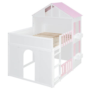 English Elm Full Over House Bunk Bed Pine Wood Frame with Shelf for Shared Kids Bedroom Pink Full over Full LT000929AAH
