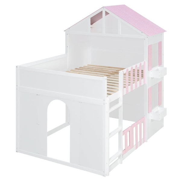 English Elm Full Over House Bunk Bed Pine Wood Frame with Shelf for Shared Kids Bedroom Pink Full over Full LT000929AAH