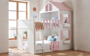 English Elm Full Over House Bunk Bed Pine Wood Frame with Shelf for Shared Kids Bedroom Pink Full over Full LT000929AAH