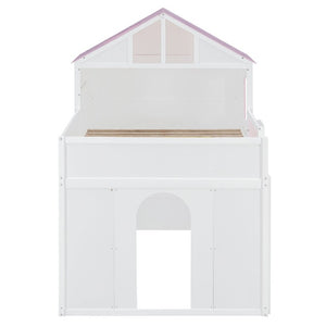 English Elm Full Over House Bunk Bed Pine Wood Frame with Shelf for Shared Kids Bedroom Pink Full over Full LT000929AAH