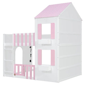 English Elm Full Over House Bunk Bed Pine Wood Frame with Shelf for Shared Kids Bedroom Pink Full over Full LT000929AAH