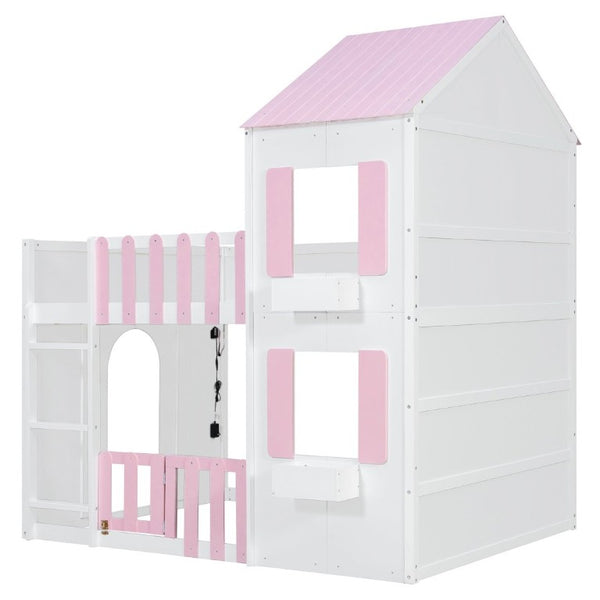 English Elm Full Over House Bunk Bed Pine Wood Frame with Shelf for Shared Kids Bedroom Pink Full over Full LT000929AAH