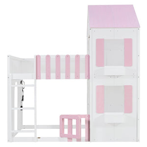 English Elm Full Over House Bunk Bed Pine Wood Frame with Shelf for Shared Kids Bedroom Pink Full over Full LT000929AAH