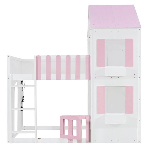English Elm Full Over House Bunk Bed Pine Wood Frame with Shelf for Shared Kids Bedroom Pink Full over Full LT000929AAH