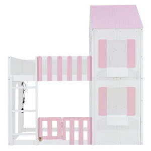 English Elm Full Over House Bunk Bed Pine Wood Frame with Shelf for Shared Kids Bedroom Pink Full over Full LT000929AAH