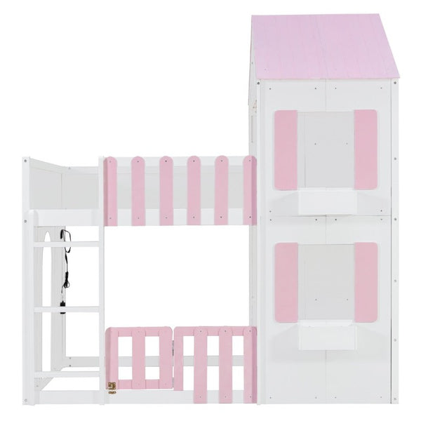 English Elm Full Over House Bunk Bed Pine Wood Frame with Shelf for Shared Kids Bedroom Pink Full over Full LT000929AAH