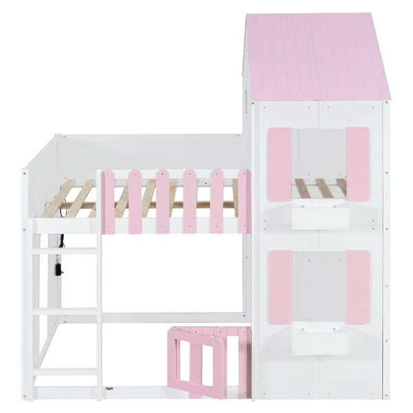 English Elm Full Over House Bunk Bed Pine Wood Frame with Shelf for Shared Kids Bedroom Pink Full over Full LT000929AAH