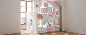 English Elm Full Over House Bunk Bed Pine Wood Frame with Shelf for Shared Kids Bedroom Pink Full over Full LT000929AAH