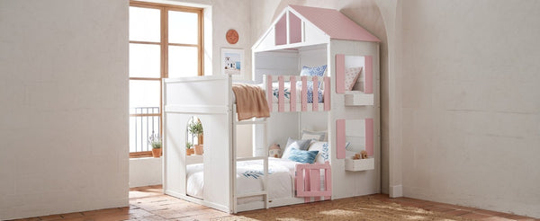 English Elm Full Over House Bunk Bed Pine Wood Frame with Shelf for Shared Kids Bedroom Pink Full over Full LT000929AAH