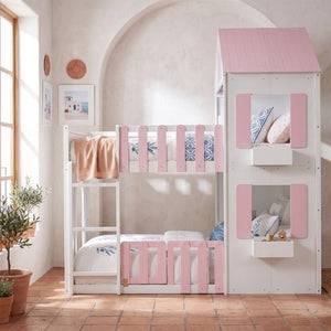 English Elm Full Over House Bunk Bed Pine Wood Frame with Shelf for Shared Kids Bedroom Pink Full over Full LT000929AAH