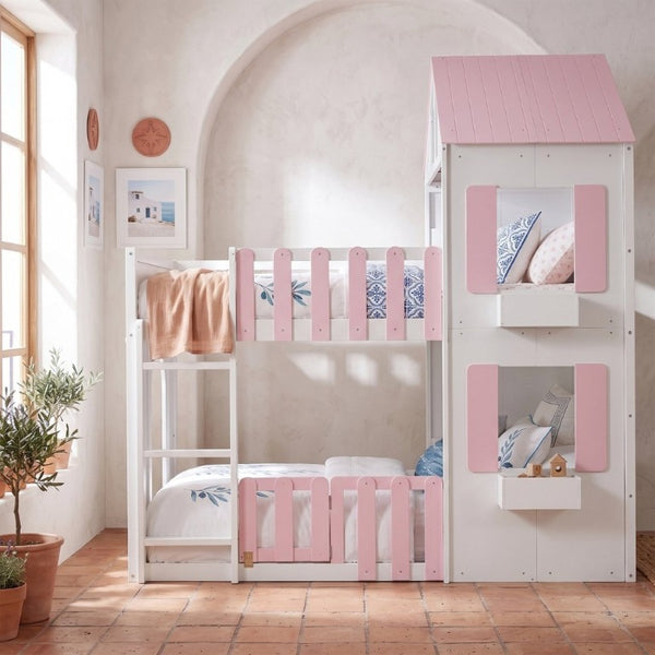 English Elm Full Over House Bunk Bed Pine Wood Frame with Shelf for Shared Kids Bedroom Pink Full over Full LT000929AAH