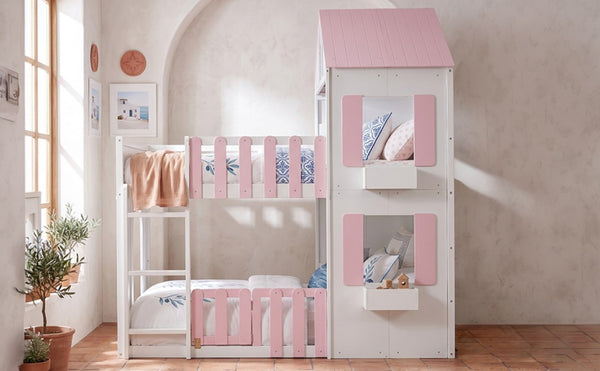 English Elm Full Over House Bunk Bed Pine Wood Frame with Shelf for Shared Kids Bedroom Pink Full over Full LT000929AAH