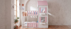 English Elm Full Over House Bunk Bed Pine Wood Frame with Shelf for Shared Kids Bedroom Pink Full over Full LT000929AAH
