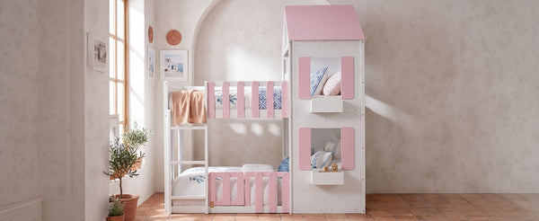English Elm Full Over House Bunk Bed Pine Wood Frame with Shelf for Shared Kids Bedroom Pink Full over Full LT000929AAH