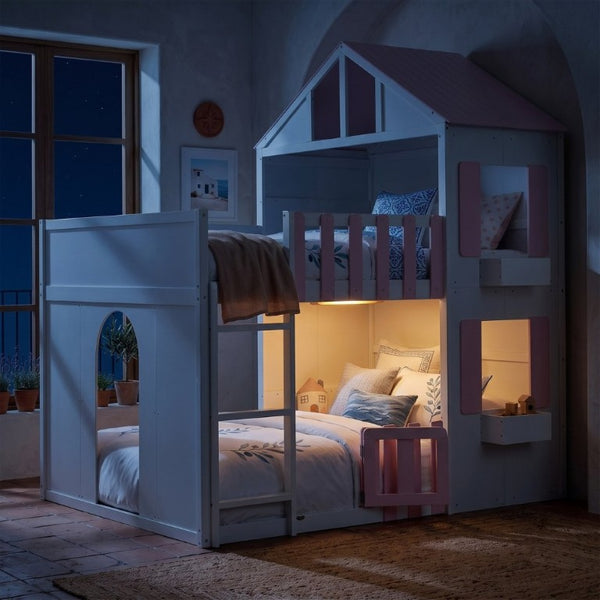 English Elm Full Over House Bunk Bed Pine Wood Frame with Shelf for Shared Kids Bedroom Pink Full over Full LT000929AAH