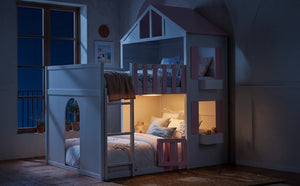 English Elm Full Over House Bunk Bed Pine Wood Frame with Shelf for Shared Kids Bedroom Pink Full over Full LT000929AAH