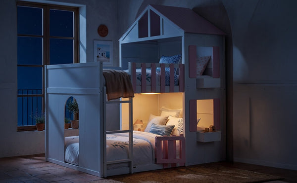 English Elm Full Over House Bunk Bed Pine Wood Frame with Shelf for Shared Kids Bedroom Pink Full over Full LT000929AAH