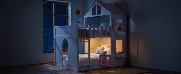 English Elm Full Over House Bunk Bed Pine Wood Frame with Shelf for Shared Kids Bedroom Pink Full over Full LT000929AAH