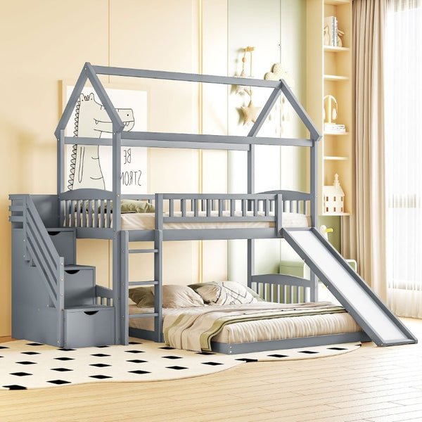 English Elm Twin Over Full Bunk Bed Playhouse Design with Slide Storage Staircase Gray Kids LT100129AAE-1