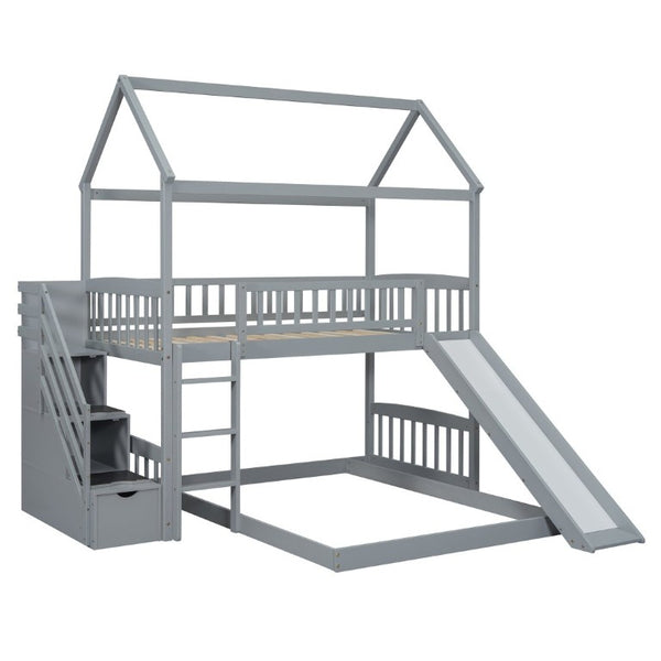 English Elm Twin Over Full Bunk Bed Playhouse Design with Slide Storage Staircase Gray Kids LT100129AAE-1