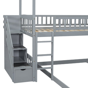 English Elm Twin Over Full Bunk Bed Playhouse Design with Slide Storage Staircase Gray Kids LT100129AAE-1