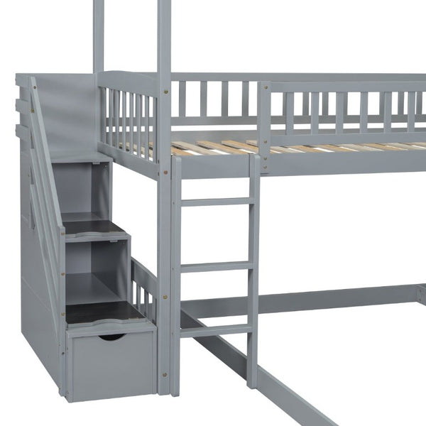 English Elm Twin Over Full Bunk Bed Playhouse Design with Slide Storage Staircase Gray Kids LT100129AAE-1