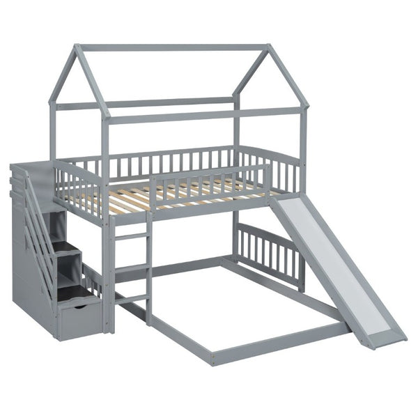 English Elm Twin Over Full Bunk Bed Playhouse Design with Slide Storage Staircase Gray Kids LT100129AAE-1