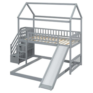 English Elm Twin Over Full Bunk Bed Playhouse Design with Slide Storage Staircase Gray Kids LT100129AAE-1