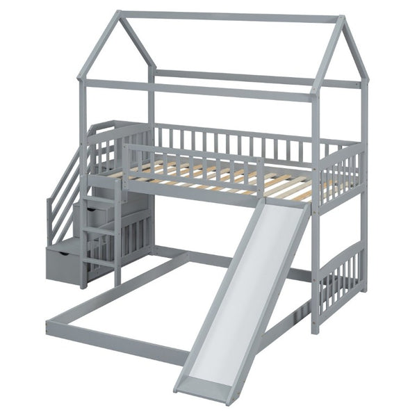 English Elm Twin Over Full Bunk Bed Playhouse Design with Slide Storage Staircase Gray Kids LT100129AAE-1